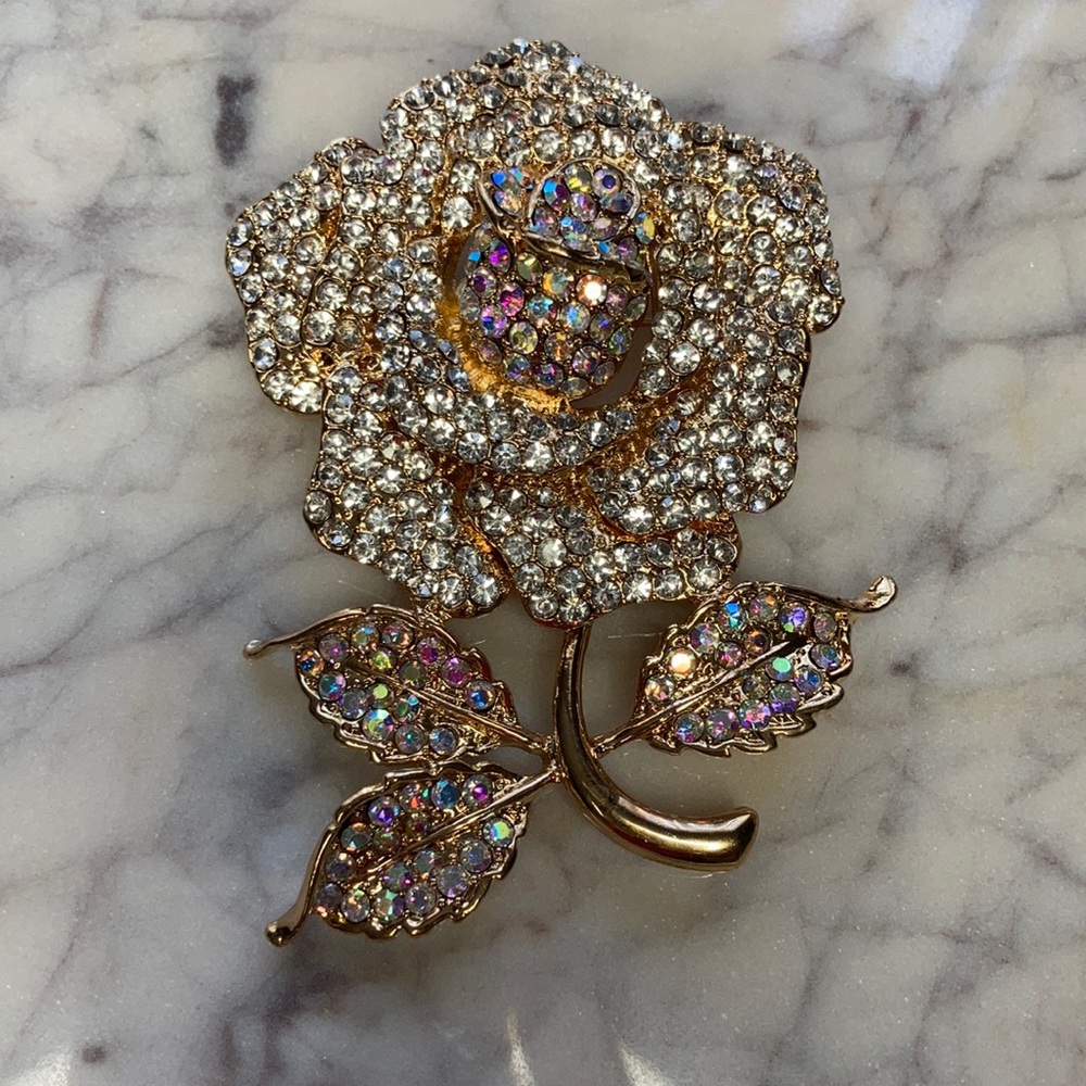 NWT Large Rose Brooch Pin White Rhinestones 3”